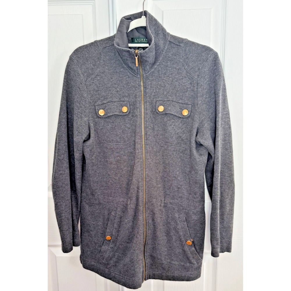 Ralph Lauren Full Zip Cardigan‎ Sweater Jacket Women's Large Gray Long Sleeve